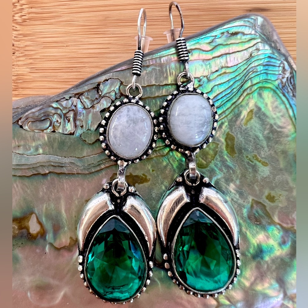 Moonstone & Emerald Earrings